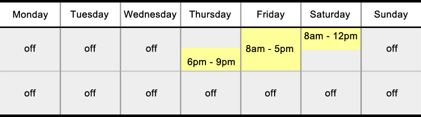 Course schedule graphic showing how classes are held every other week on Thursday evening, Friday all day, and Saturday morning