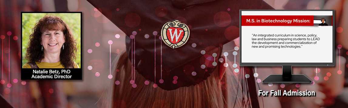 image of an MS in Biotechnology Program graduate in commencement garb to feature the upcoming webinar