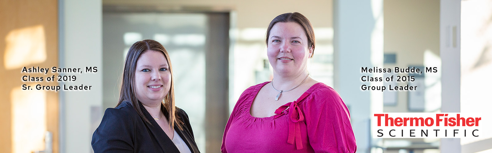 masthead photo of Ashley Sanner and Melissa Budde with Thermo Fisher Scientific. They are featured in an alumni success story about managing teams of people.